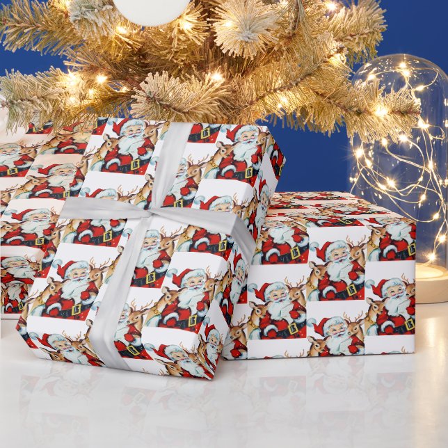 Papier Cadeau carrelage de rennes de Père Noël rétro (Vacances)