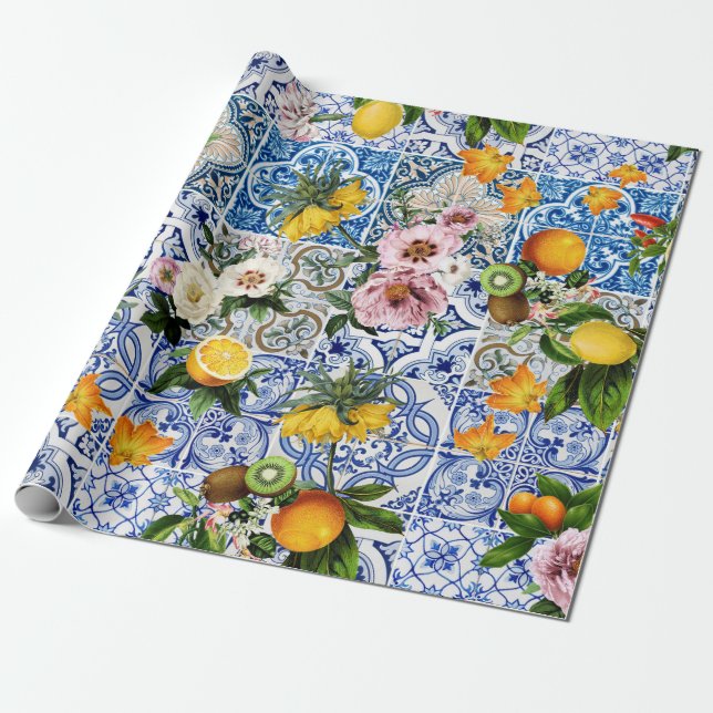Papier Cadeau Carrelage de style sicilien avec fleurs et citron (Déroulé)