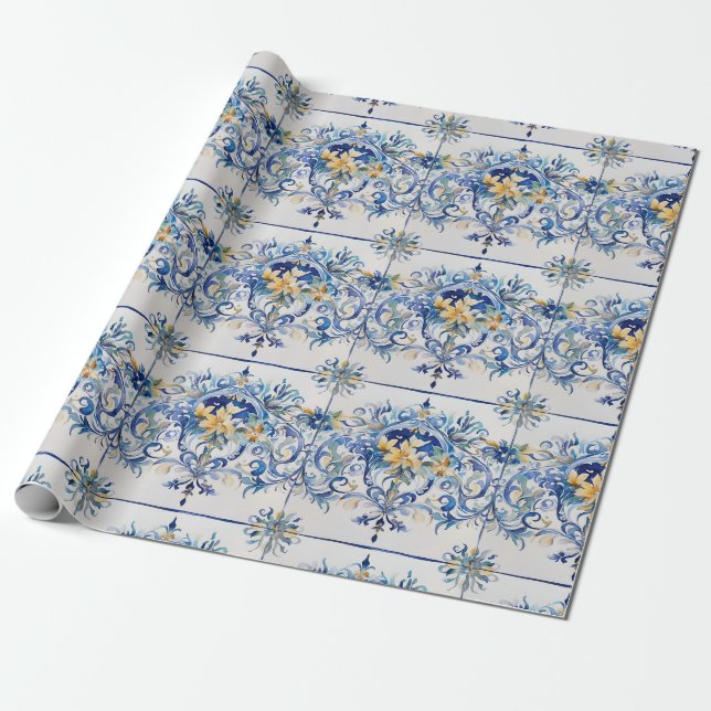 Papier Cadeau Carrelage italien Découpage de la côte d'Amalfi bl (Déroulé)