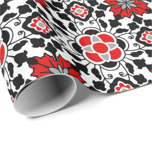 Papier Cadeau Carrelage marocain floral, rouge profond, noir et 