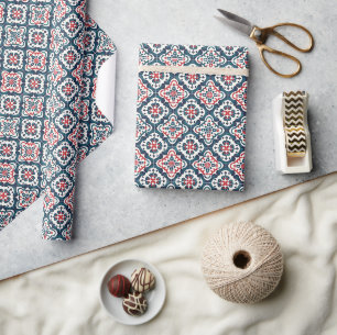 Papier Cadeau Carrelage Motif avec motifs floraux marine, rouge 
