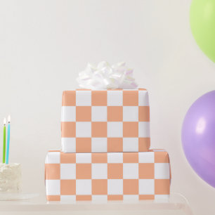 Papier Cadeau Carrés à carreaux pêche et blanc géométrique rétro