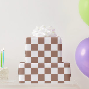 Papier Cadeau Carrés à damier marron moka blanc géométrique rétr