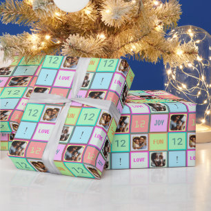 Papier Cadeau Carrés colorés Pastel sur mesure avec texte, 3 pho