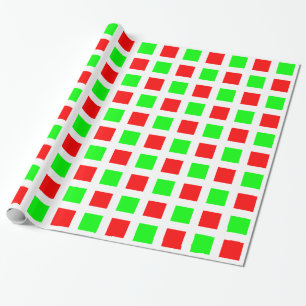 Papier Cadeau Carrés - Rouge et vert sur blanc