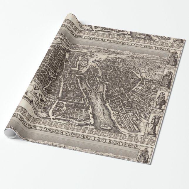 Papier Cadeau Carte 1618 de Paris par Claes Jansz. Visscher (Déroulé)