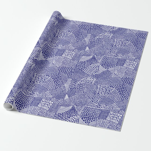Papier Cadeau Carte Abstraite - Blanc sur Bleu Profond Marine (Déroulé)