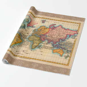 Papier Cadeau Carte du Monde 1780 Bonne Antique Planisphère
