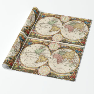 Papier Cadeau Carte du monde antique Deux hémisphères Rare Art V