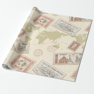Papier Cadeau Carte du monde de timbres-poste vintage Voyage (1)