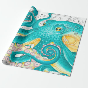 Papier Cadeau Carte marine de pieuvre turquoise Aquarelle