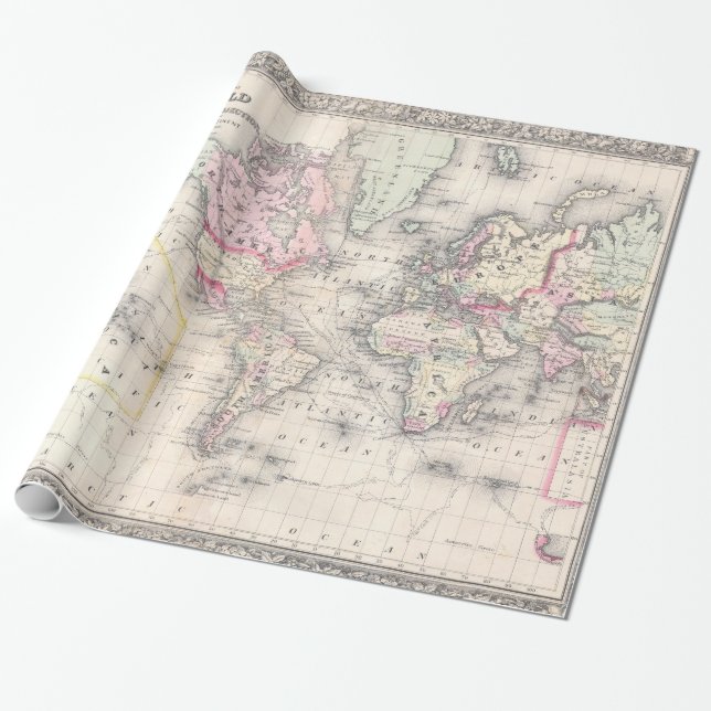 Papier Cadeau Carte vintage du monde (1864) (Déroulé)