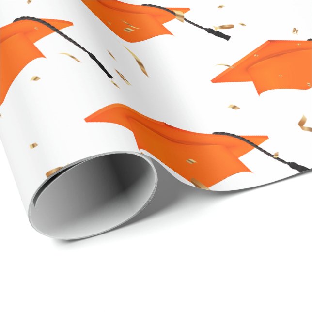 Papier Cadeau Cartes de Graduation Orange et Confetti Or (Coin rond)