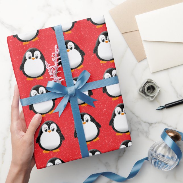 Papier Cadeau Carton en pingouin coudé hiver rouge (Cadeaux)