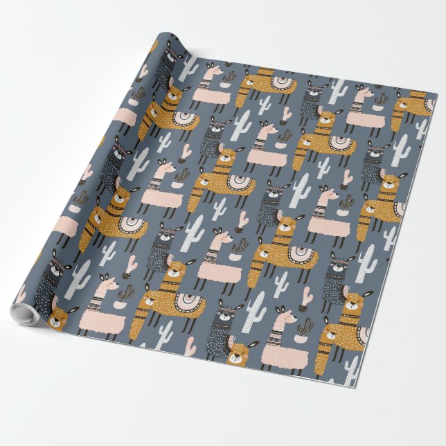 Papier Cadeau Cartoon 3D Cheval gris et jaune avec thème Cactus (Déroulé)