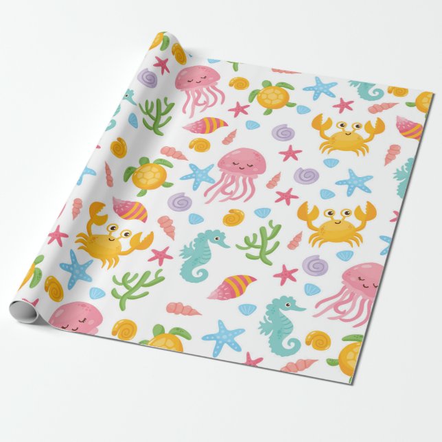 Papier Cadeau Cartoon Cute Ocean Sea Life Seashell Starfish Cade (Déroulé)