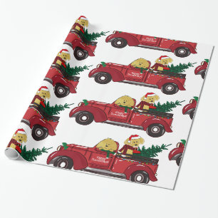 Papier Cadeau Cartoon Goldendoodles Camion de Noël Rouge