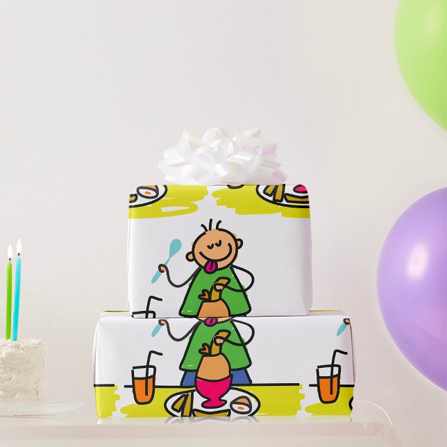 Papier Cadeau Cartoon Kid Savourez un repas avec du jus et des o (Créateur téléchargé)