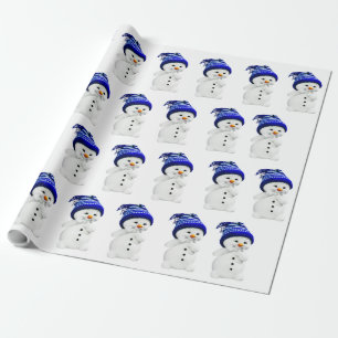 Papier Cadeau Cartoon Snowman en Casquette de laine bleu et blan