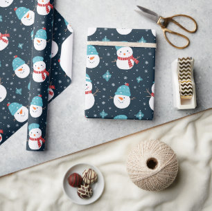 Papier Cadeau Cartoon Snowmen bleu foncé blanc Motif présent