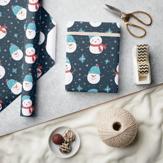 Papier Cadeau Cartoon Snowmen bleu foncé blanc Motif présent (Artisanat)
