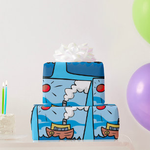 Papier Cadeau Cartoon Steamship sur Ocean Waves Art nautique