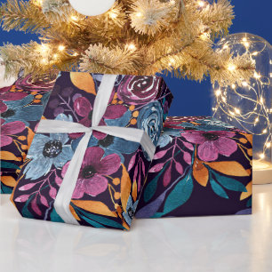 Papier Cadeau Cas de Burgundy Navy Mustard Watercolor Flowers
