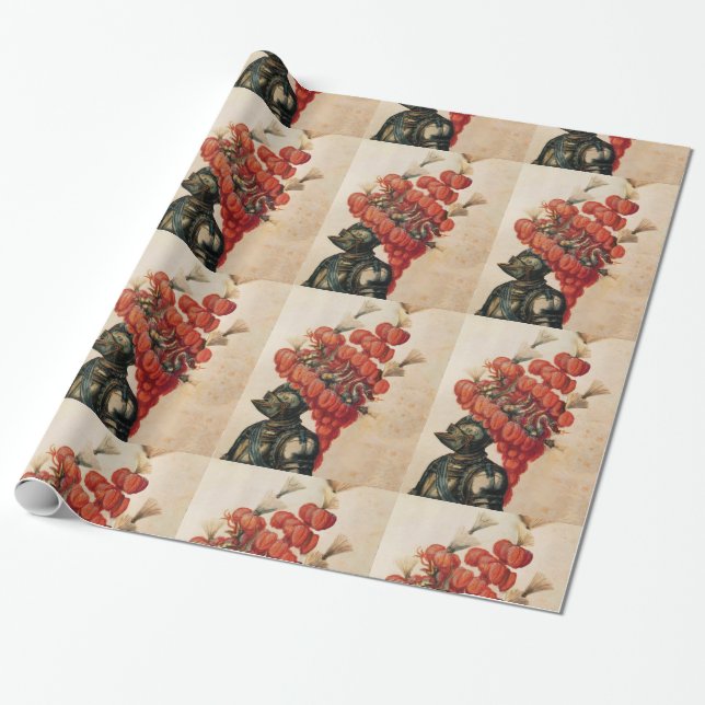 PAPIER CADEAU CASQUE DE NUIT ANTIQUE, DRAGONS ET ROUGE (Déroulé)