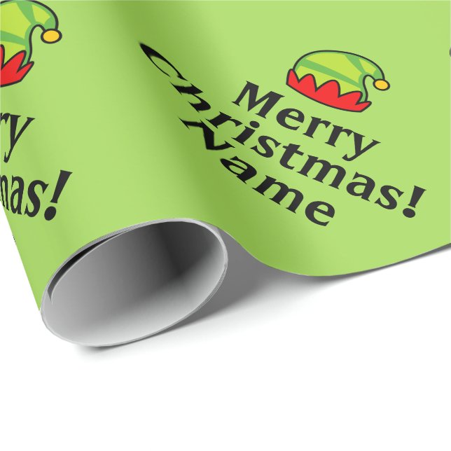 Papier Cadeau Casquette elfe vert personnalisé Joyeux Noël (Coin rond)
