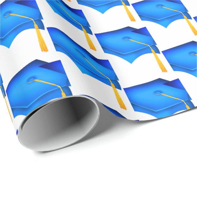 Papier Cadeau casquettes de graduation bleu avec goût or (Coin rond)