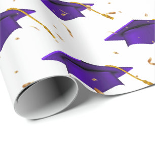 Papier Cadeau Casquettes de graduation violette et Confetti or