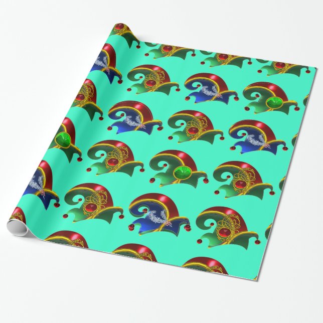 Papier Cadeau CASQUETTES ELF, SHAMROCK, FEATHES DIAMONDES, Aqua  (Déroulé)