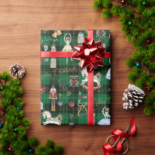 Papier Cadeau Casse-Noisette Ballet Joyeux Noël Vert Carreaux