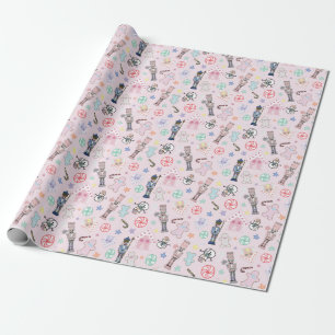 Papier Cadeau Casse-noix rose, pain d'épices et neigeurs