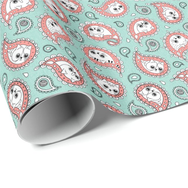 Papier Cadeau Cat Paisley - Coral and Mint (Coin rond)
