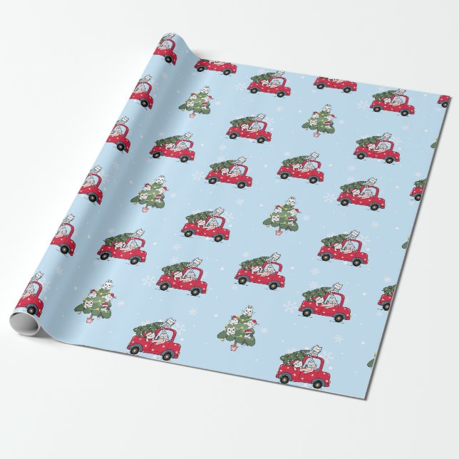 Papier Cadeau Catmas Blue Red camion Chats Noël Noël (Déroulé)