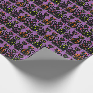 Papier Cadeau Cats noirs mignons Motif d'Halloween violet blanc