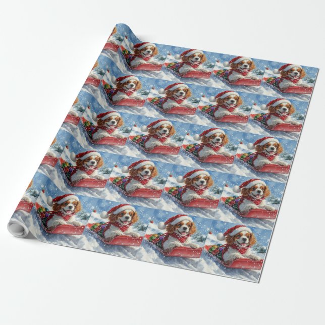 Papier Cadeau Cavalier King Charles Spaniel Chien Sledge Noël (Déroulé)