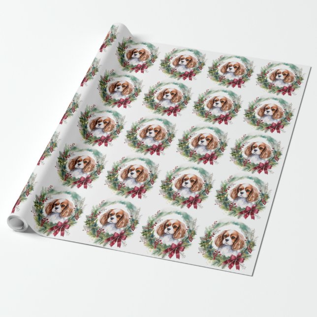 Papier Cadeau Cavalier King Christmas Wreath Festive Pup (Déroulé)