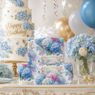 Papier Cadeau Célébration d'anniversaire avec l'hortensia bleu é