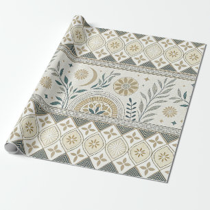 Papier Cadeau Céleste Botanique Folk Art Motif sans couture