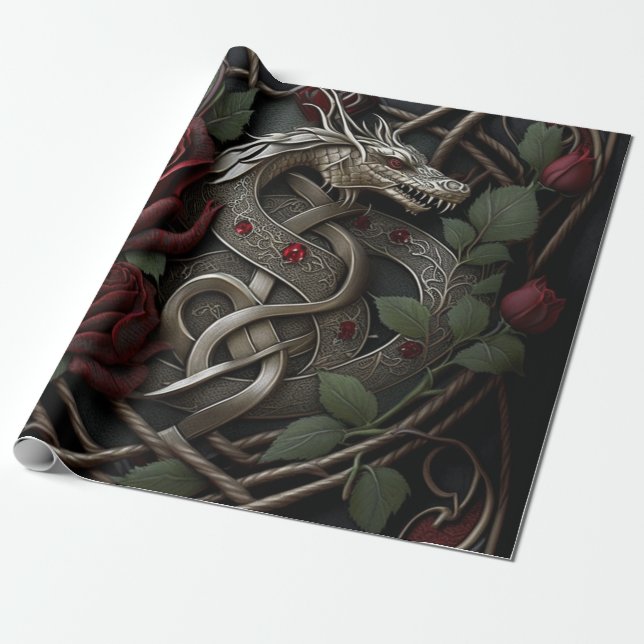 Papier Cadeau Céleste Knot Dragon Goth Red Roses (Déroulé)
