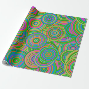 Papier Cadeau Cercles abstraits rétro mod, vert et rouge orange