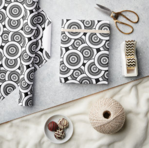 Papier Cadeau Cercles et anneaux quadrillage géométrique noir et