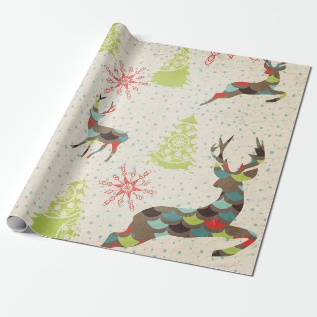 Papier Cadeau Cerf capricieux, flocons de neige, Papier d'envelo (Déroulé)
