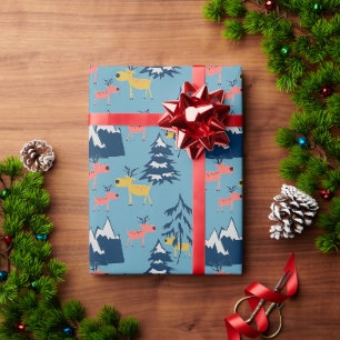 Papier Cadeau Cerf de Noël, arbres de Noël, montagnes
