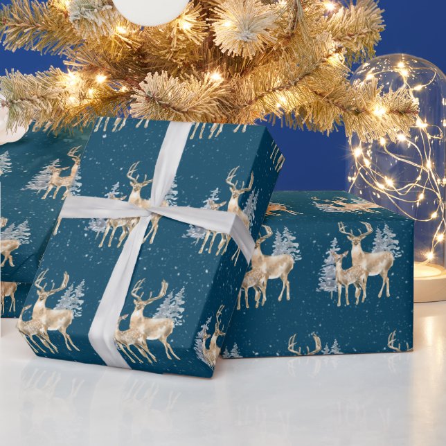 Papier Cadeau Cerf de Noël dans les flocons de neige (Vacances)