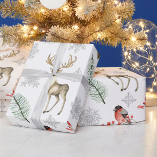 Papier Cadeau Cerf Et Bois D'Oiseaux Noël À Thème