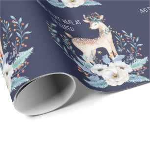 Papier Cadeau Cerf et fleurs d'hiver personnalisés à l'aquarelle