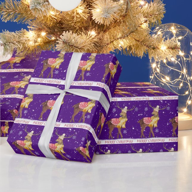 Papier Cadeau Cerf Joyeux Noël sous les flocons de neige (Vacances)